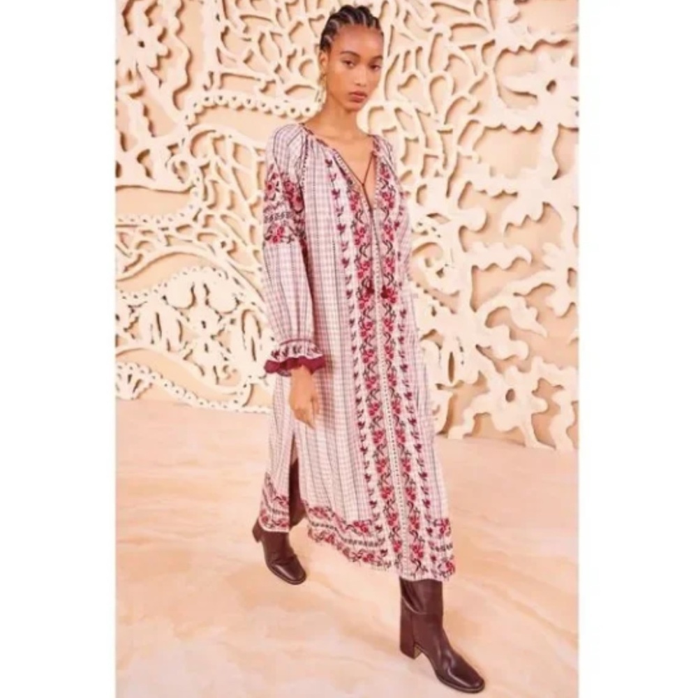Ulla Johnson Filia Midi Embroidered Check Dress Boho Peasant - Picture 2 of 10